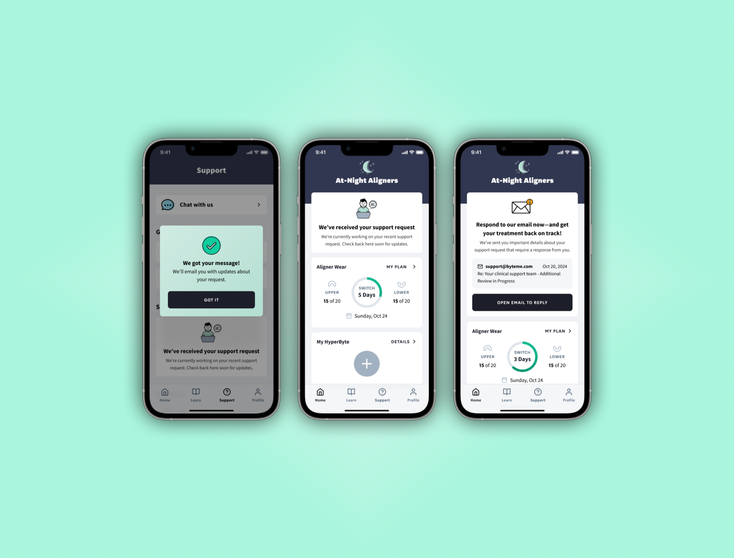Final support case status card designs showing three states: request received confirmation, case in progress, and response needed with email CTA