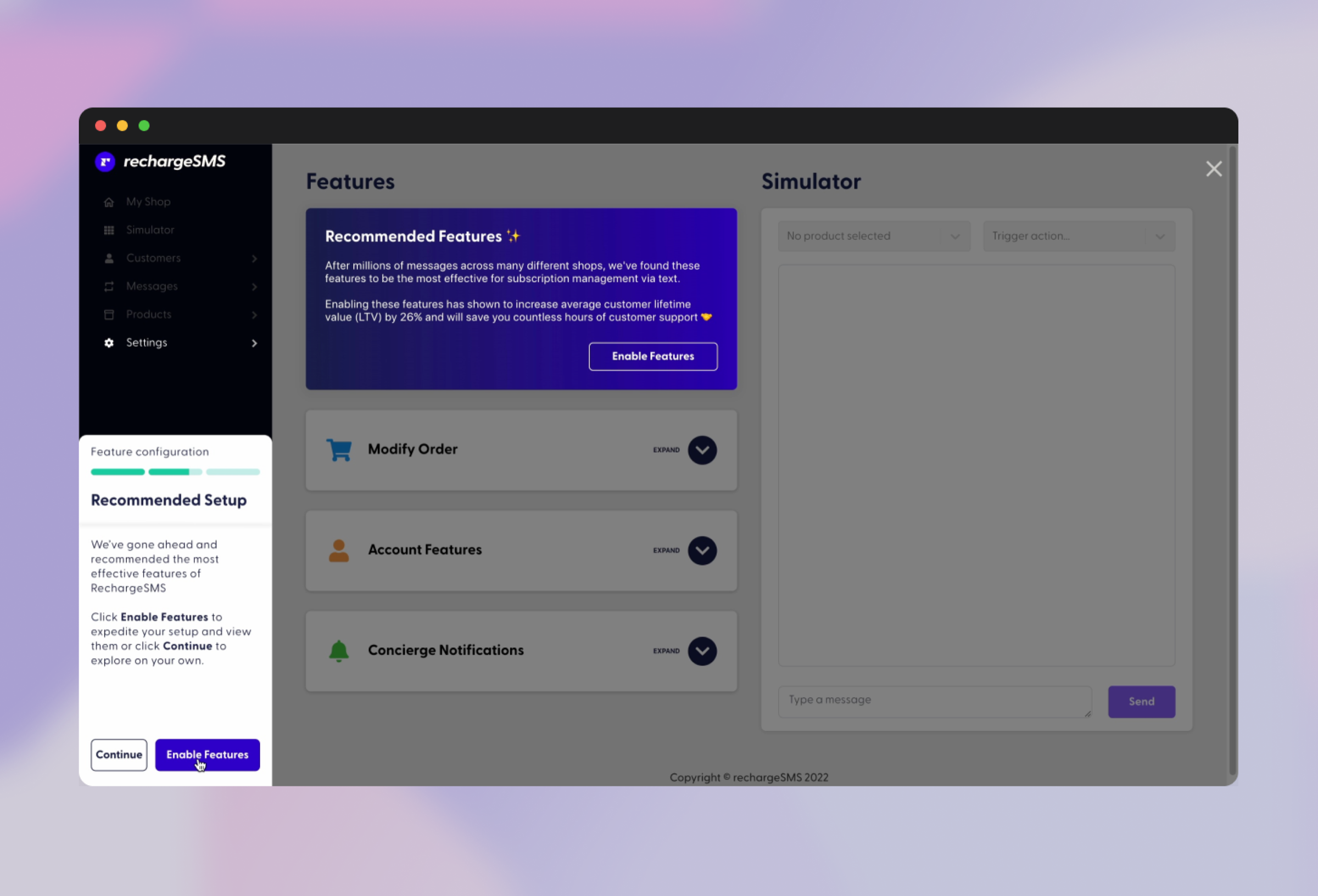 RechargeSMS recommended settings page