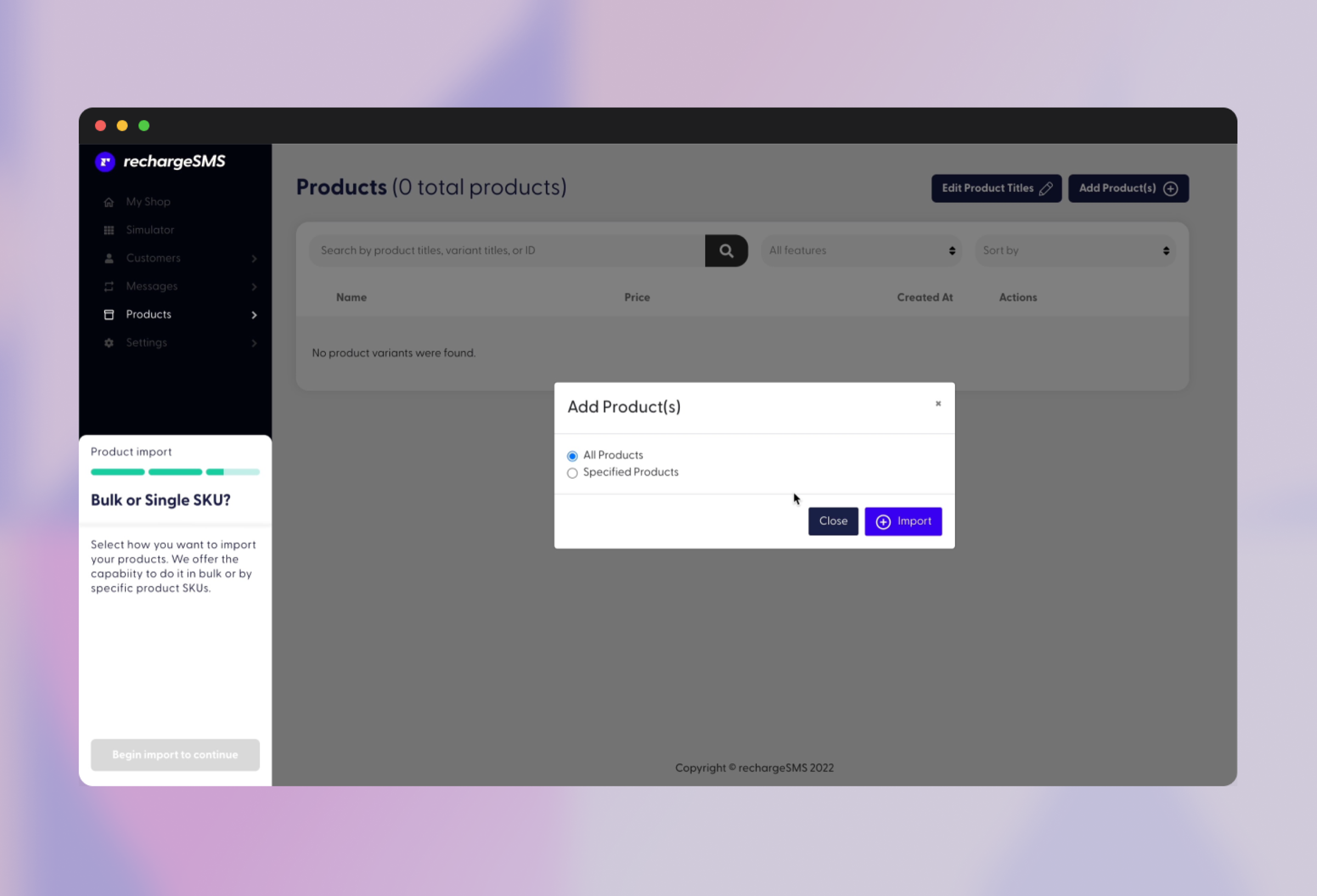 RechargeSMS product import page